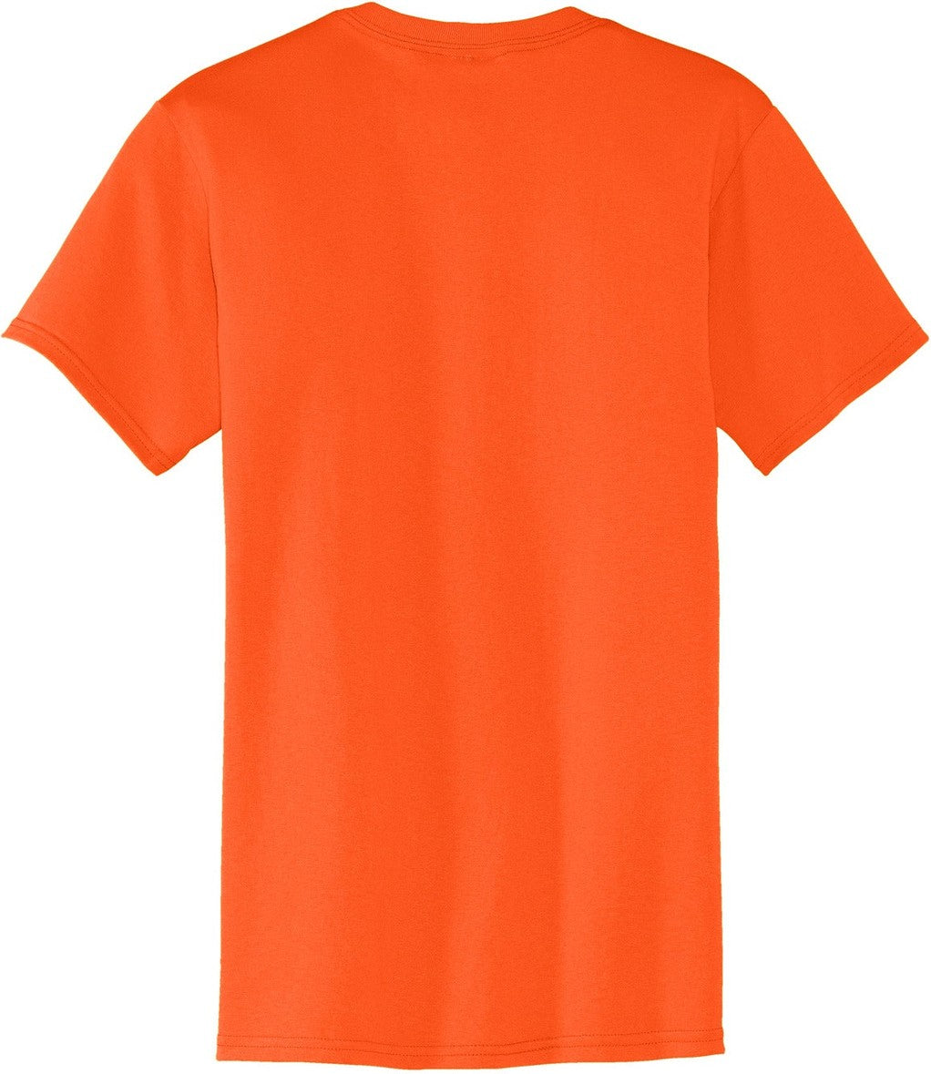 Front View of Safety Orange Port & Co Core Blend Pocket Tee. PC55P