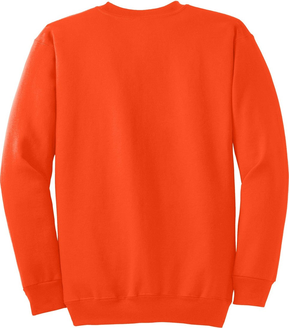 Front View of Safety Orange Port & Co Tall Essential Fleece Crewneck Sweatshirt. PC90T
