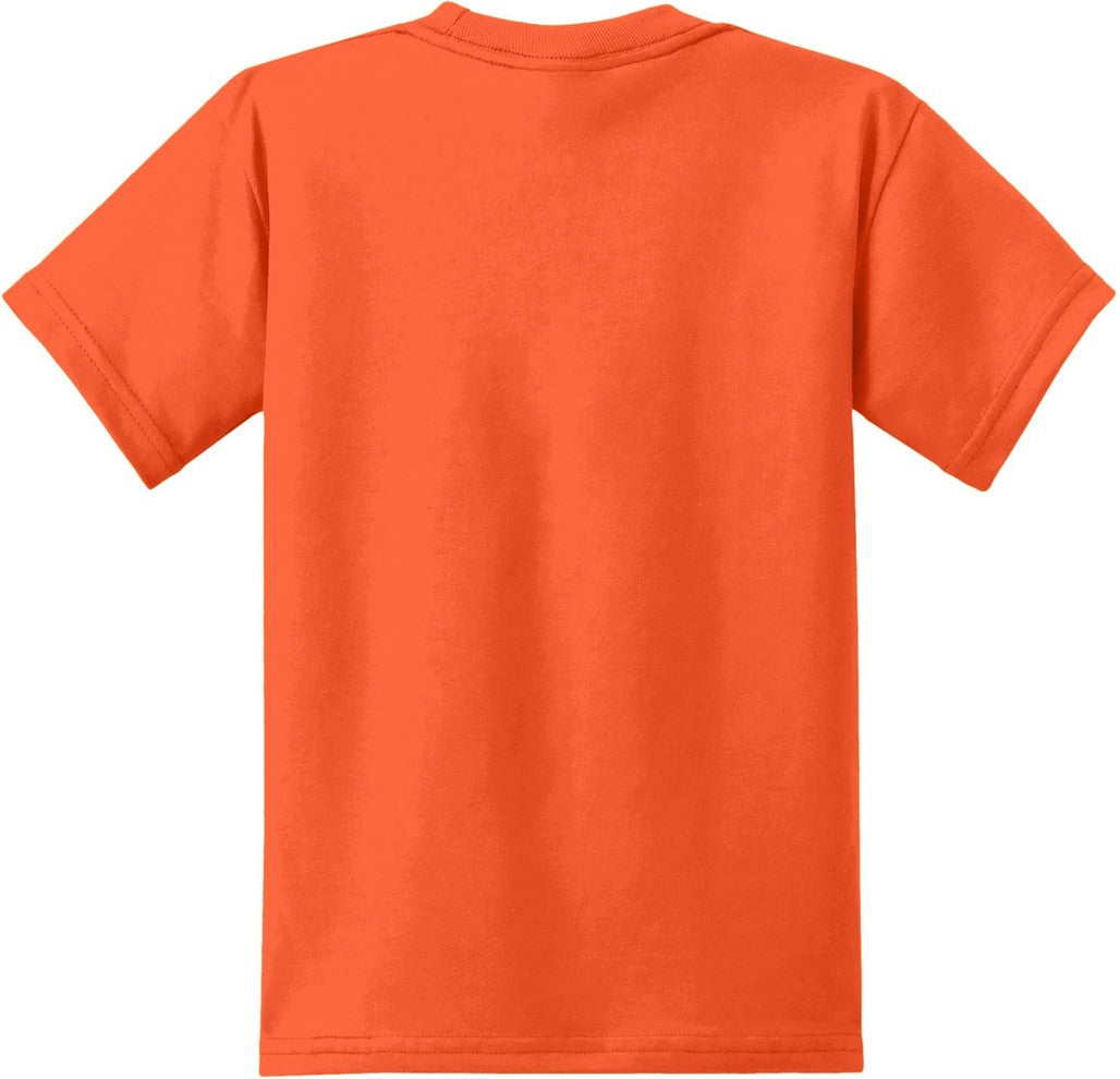Front View of Safety Orange Port & Co Youth Core Blend Tee. PC55Y