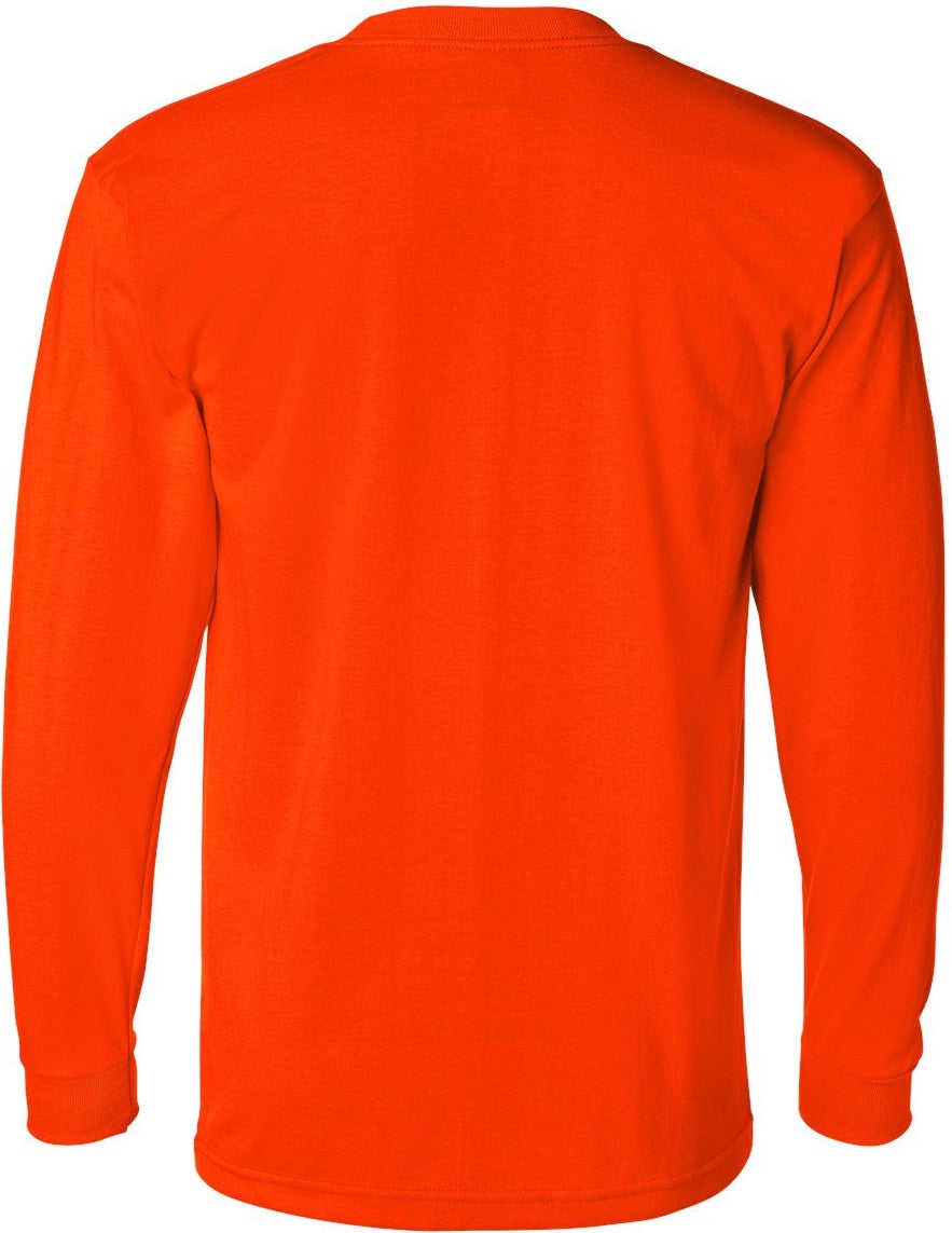 Rear View of Safety Orange USA-Made 50/50 Long Sleeve T-Shirt - 1715