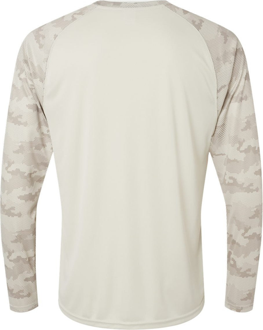 Rear View of Sand Cayman Performance Camo Colorblocked Long Sleeve T-Shirt - 216