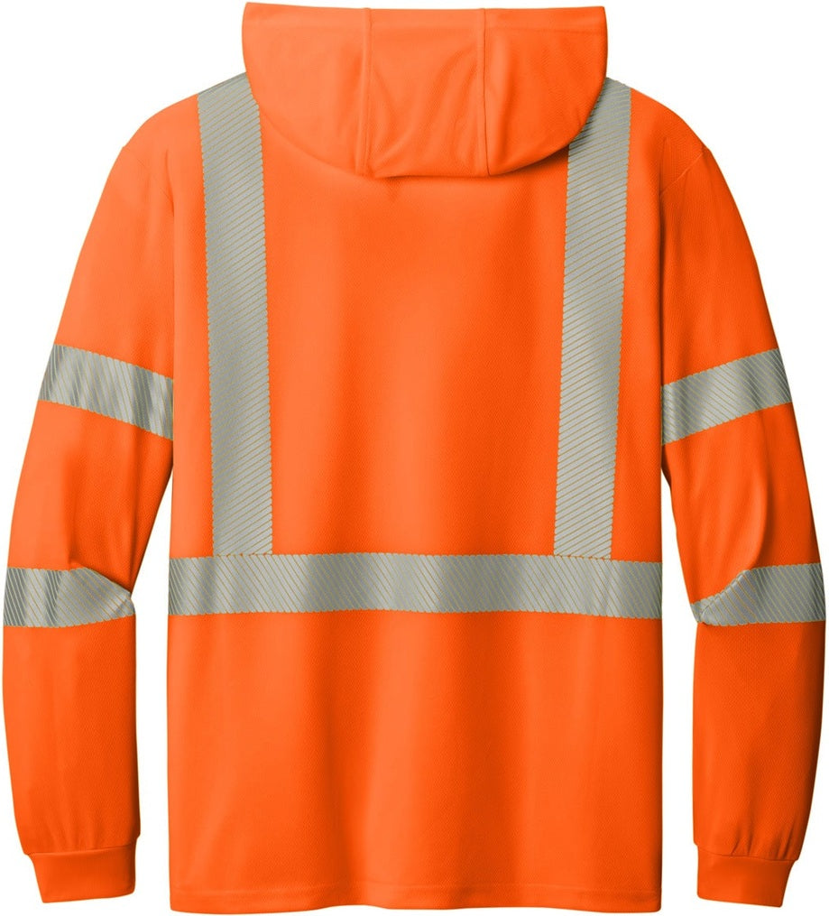 Rear View of SftyOrg CornerStone ANSI 107 Class 3 Long Sleeve Segmented Tape Hooded Tee CS208