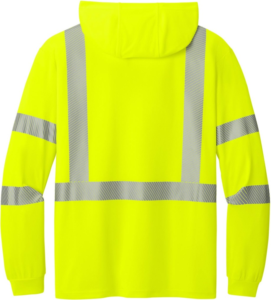 Rear View of SftyYellow CornerStone ANSI 107 Class 3 Long Sleeve Segmented Tape Hooded Tee CS208