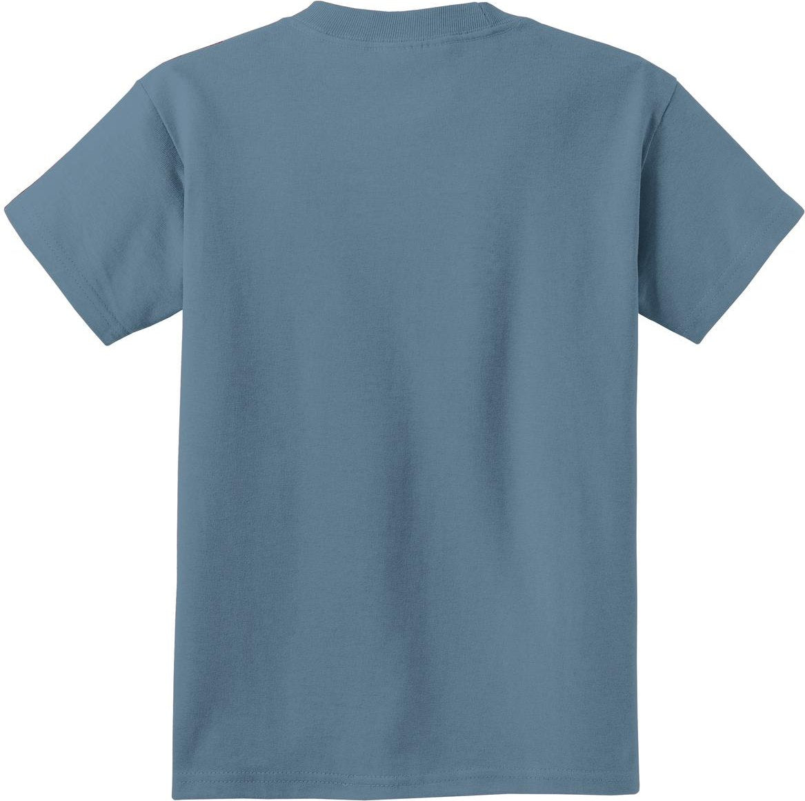 Rear View of Stonewshd Blue Port & Co Youth Essential Tee. PC61Y