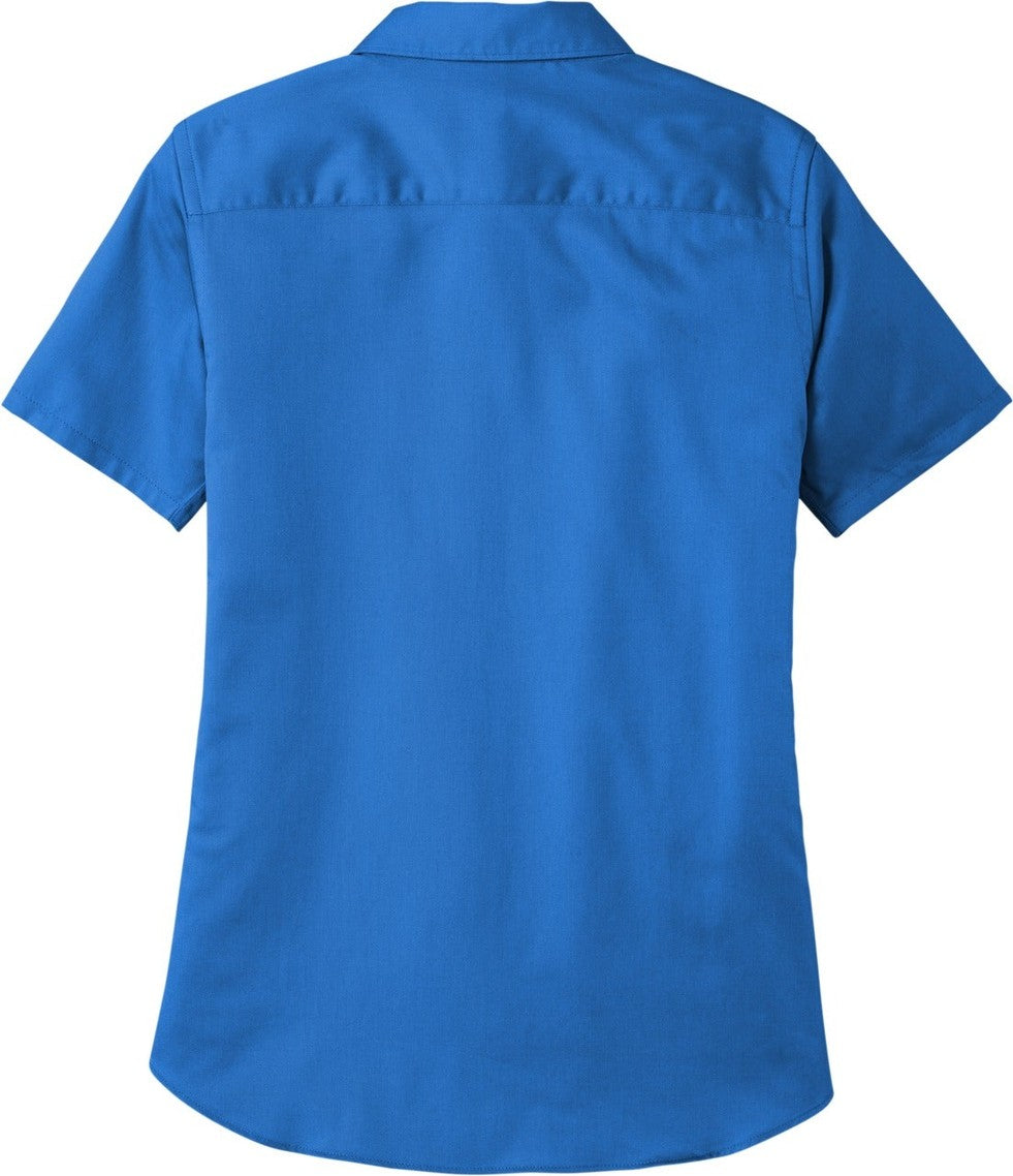 Rear View of StrongBlue Port Authority Women's Short Sleeve SuperPro React Twill Shirt. LW809