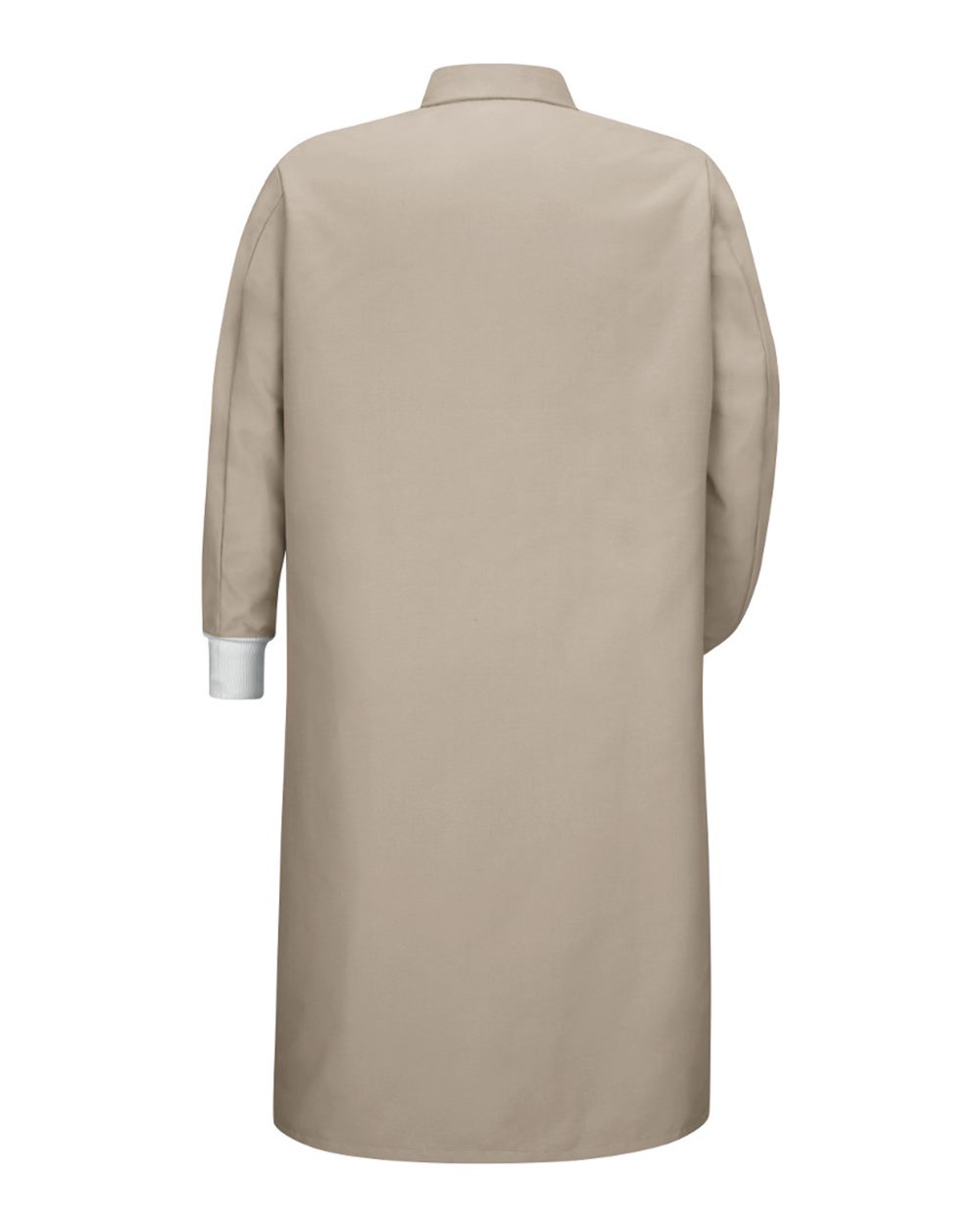 Front View of Tan Gripper-Front Pocketless Butcher Coat With Knit Cuffs - KS60