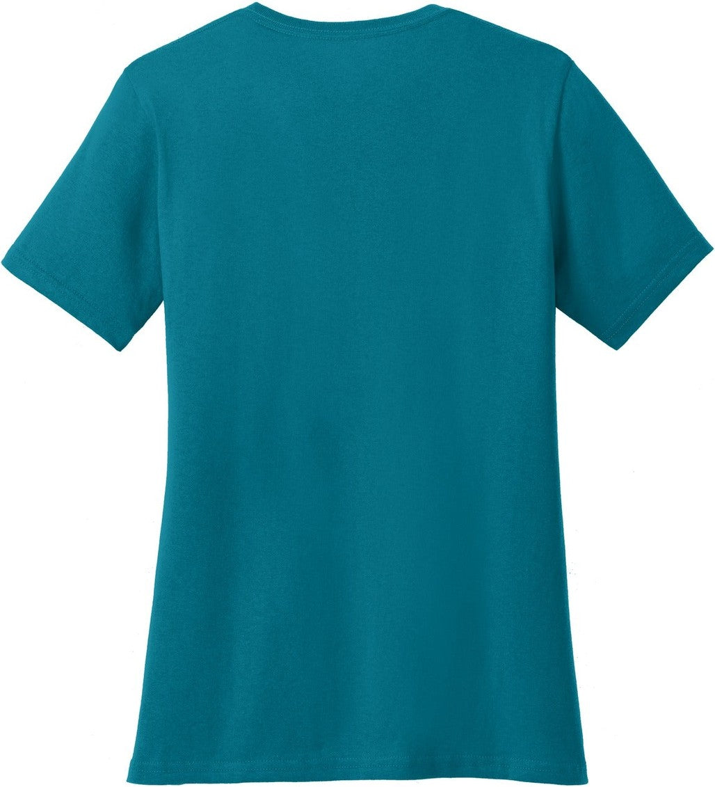 Rear View of Teal Port & Co Women's Core Cotton V-Neck Tee. LPC54V