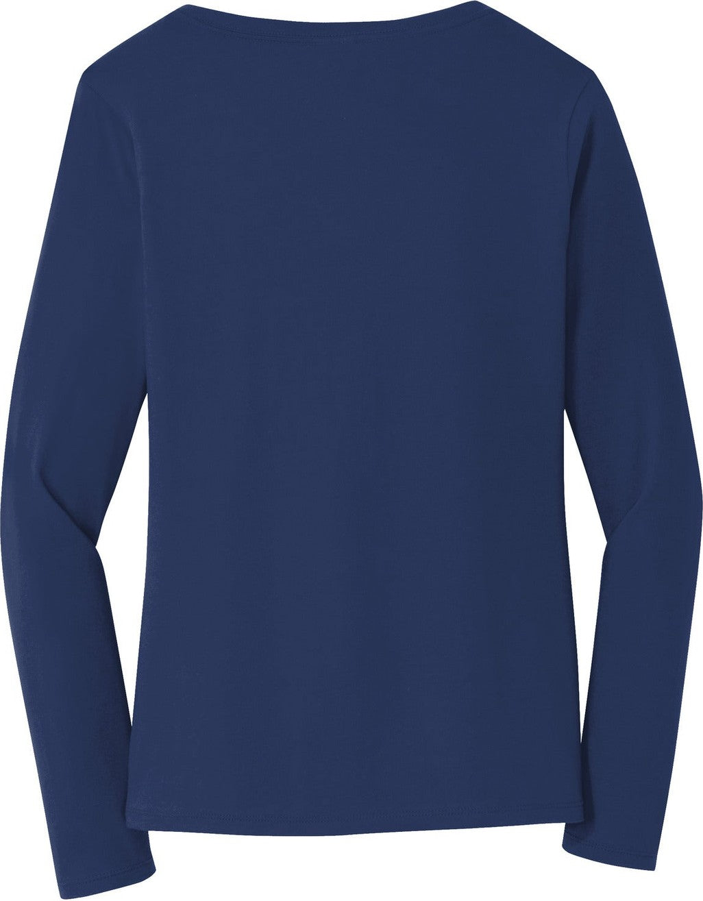 Rear View of Team Navy Port & Co Women's Long Sleeve Fan Favorite V-Neck Tee. LPC450VLS