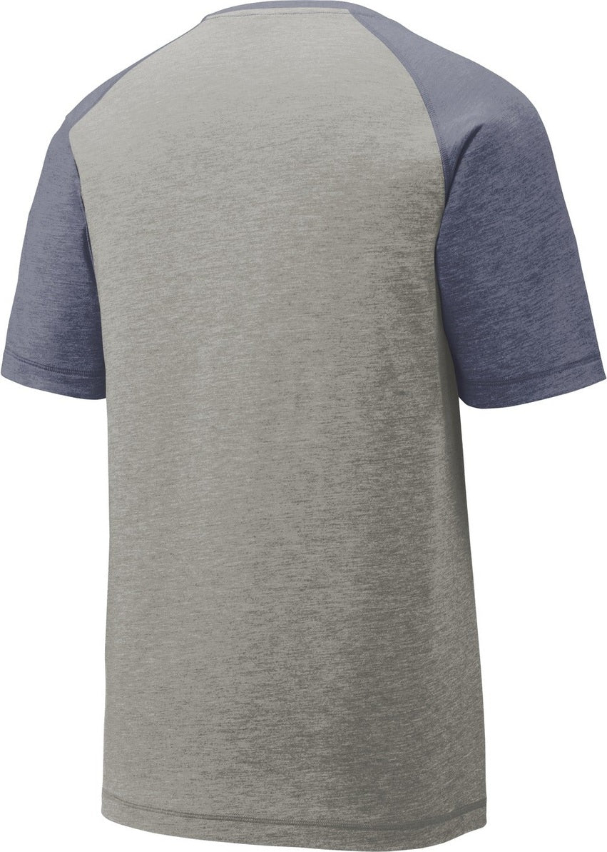 Rear View of Tr Navy He/LGH Sport-Tek PosiCharge Tri-Blend Wicking Raglan Tee. ST400