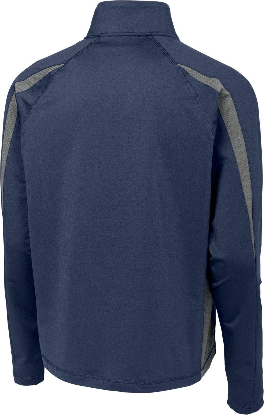 Rear View of Tr Nvy/Char Gy Sport-Tek Sport-Wick Stretch 1/4-Zip Colorblock Pullover. ST851