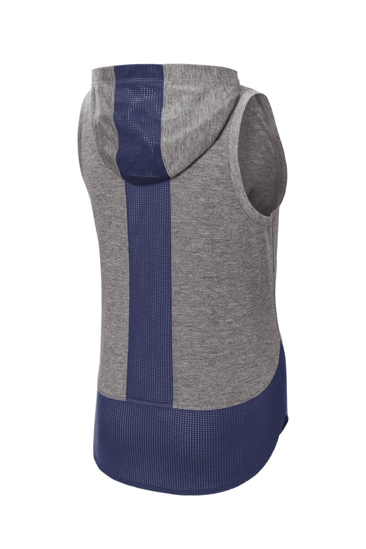 Front View of Tr Ny/Dk Gy He Sport-Tek Women's PosiCharge Tri-Blend Wicking Draft Hoodie Tank. LST410