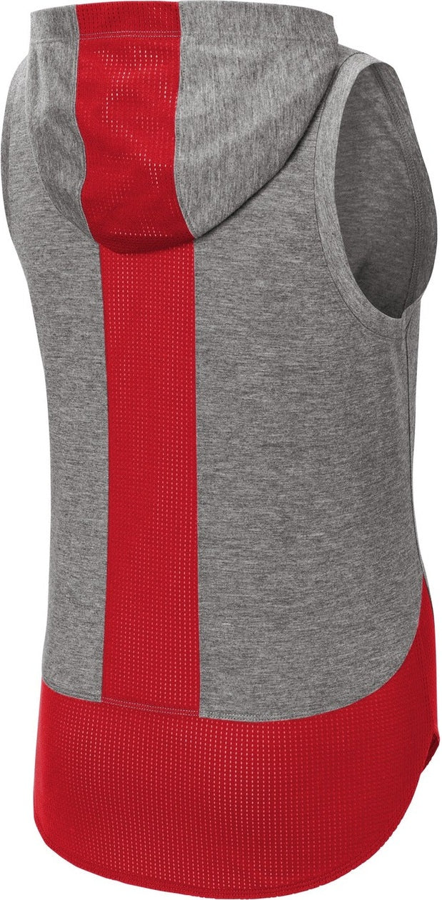 Front View of Tr Rd/Dk Gy He Sport-Tek Women's PosiCharge Tri-Blend Wicking Draft Hoodie Tank. LST410