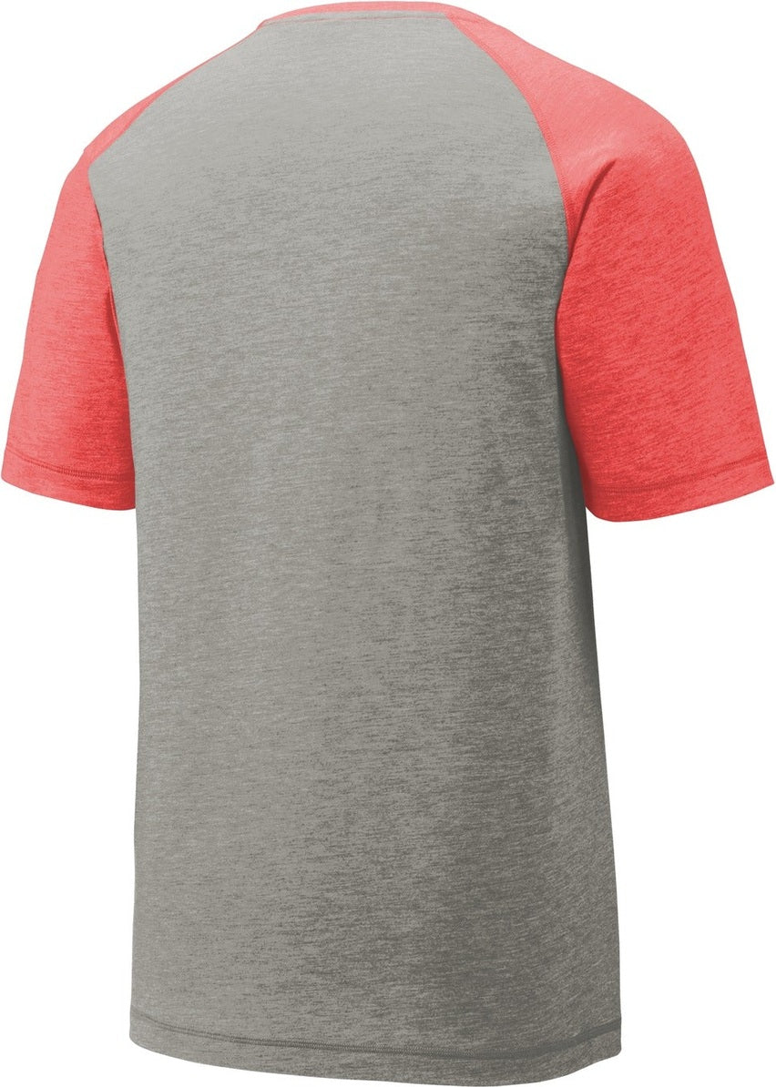 Front View of Tr Red Hth/LGH Sport-Tek PosiCharge Tri-Blend Wicking Raglan Tee. ST400