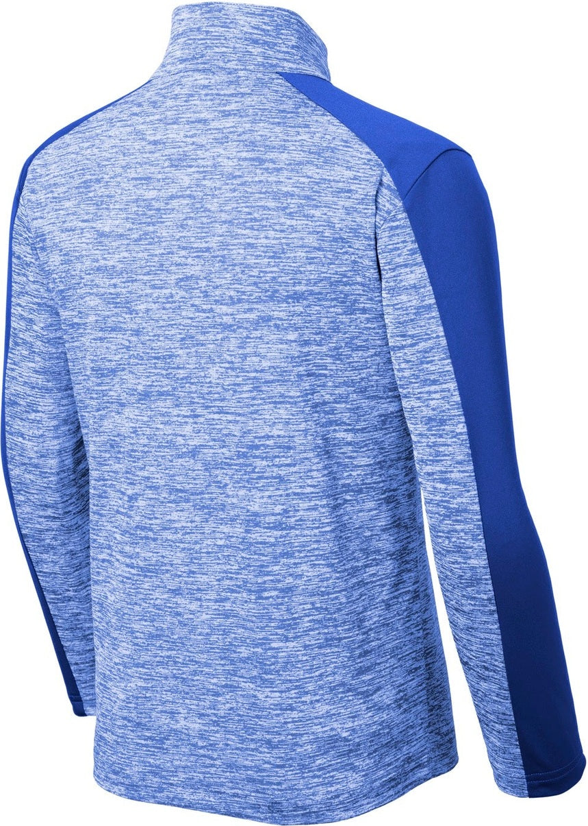 Rear View of Tr Roy El/T Ry Sport-Tek Youth PosiCharge Electric Heather Colorblock 1/4-Zip Pullover. YST397