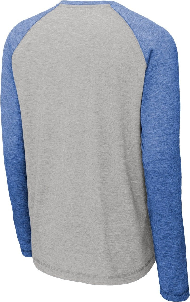 Rear View of Tr Royl He/LGH Sport-Tek PosiCharge Long Sleeve Tri-Blend Wicking Raglan Tee ST400LS