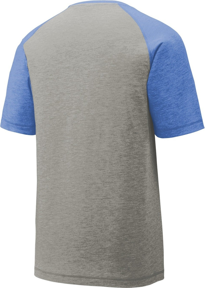 Rear View of Tr Royl He/LGH Sport-Tek PosiCharge Tri-Blend Wicking Raglan Tee. ST400