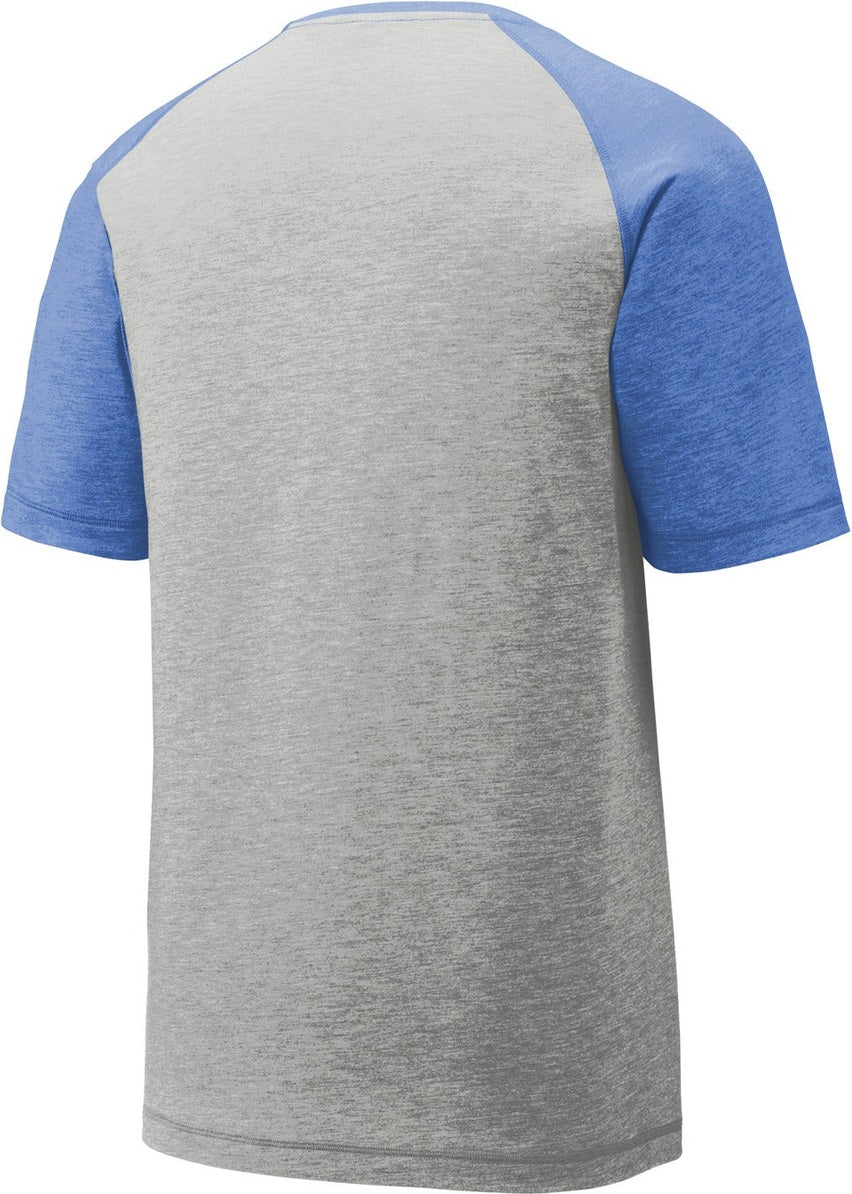 Rear View of Tr Royl He/LGH Sport-Tek PosiCharge Tri-Blend Wicking Raglan Tee. ST400