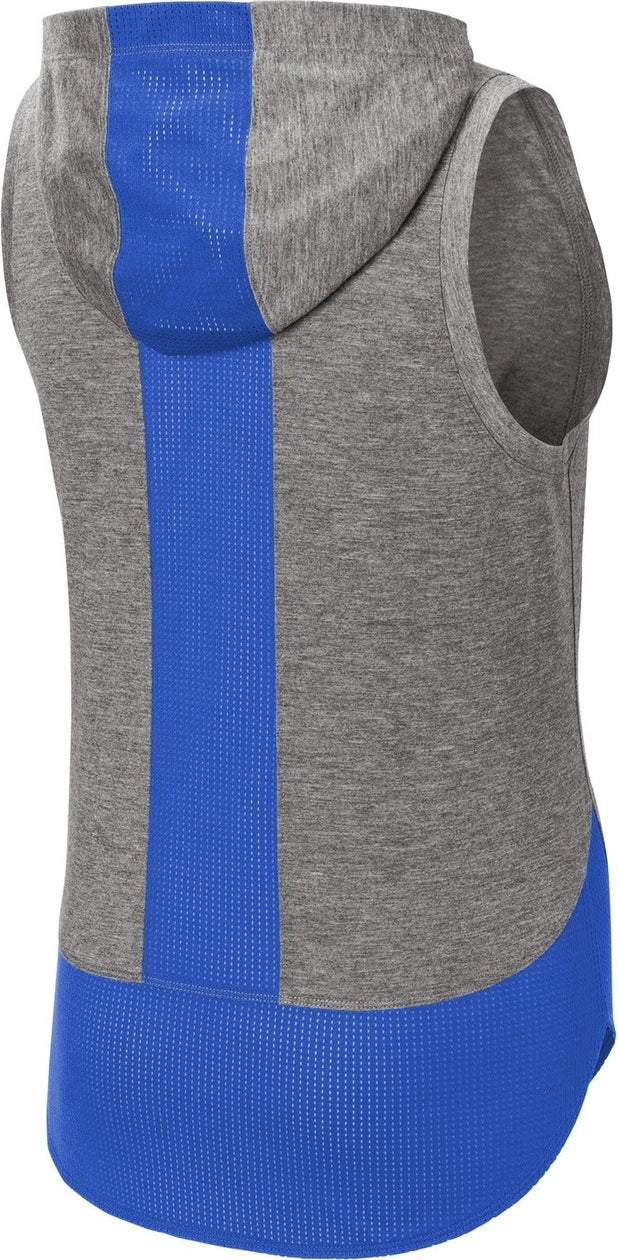 Rear View of Tr Ry/Dk Gy He Sport-Tek Women's PosiCharge Tri-Blend Wicking Draft Hoodie Tank. LST410