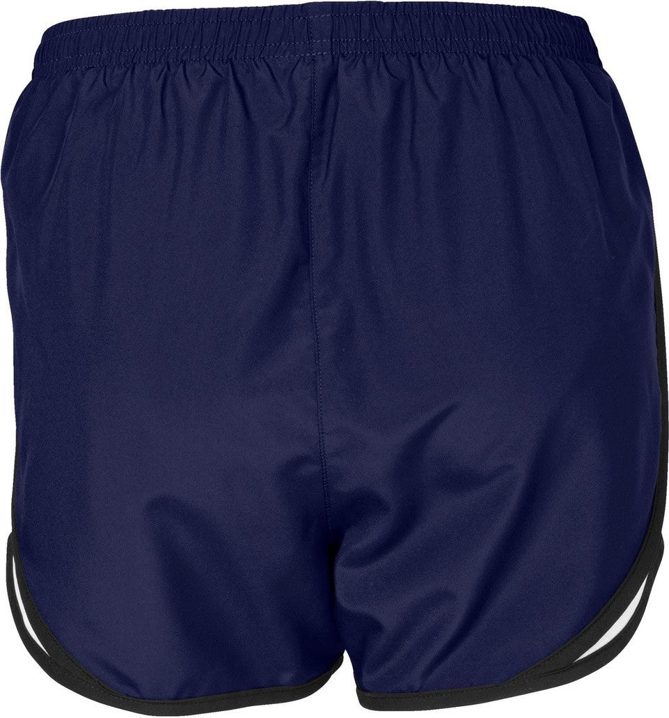 Rear View of TrNavy/Wht/Blk Sport-Tek Women's Cadence Short. LST304