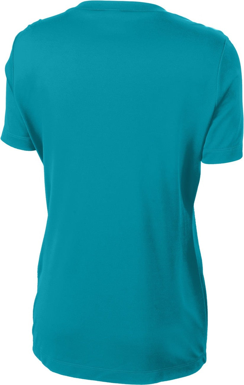 Rear View of Tropic Blue Sport-Tek Women's PosiCharge Competitor Tee. LST350