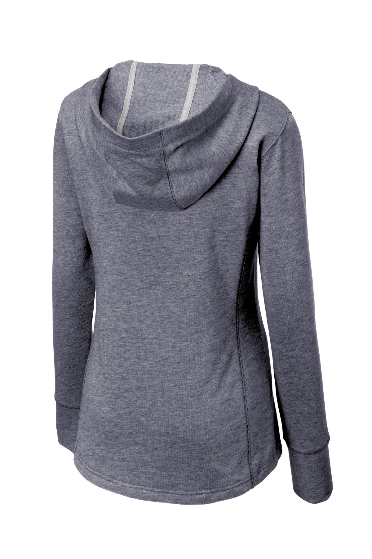 Front View of True Navy Hthr Sport-Tek Women's PosiCharge Tri-Blend Wicking Fleece Hooded Pullover. LST296