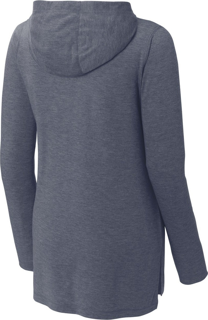 Front View of True Navy Hthr Sport-Tek Women's PosiCharge Tri-Blend Wicking Long Sleeve Hoodie LST406