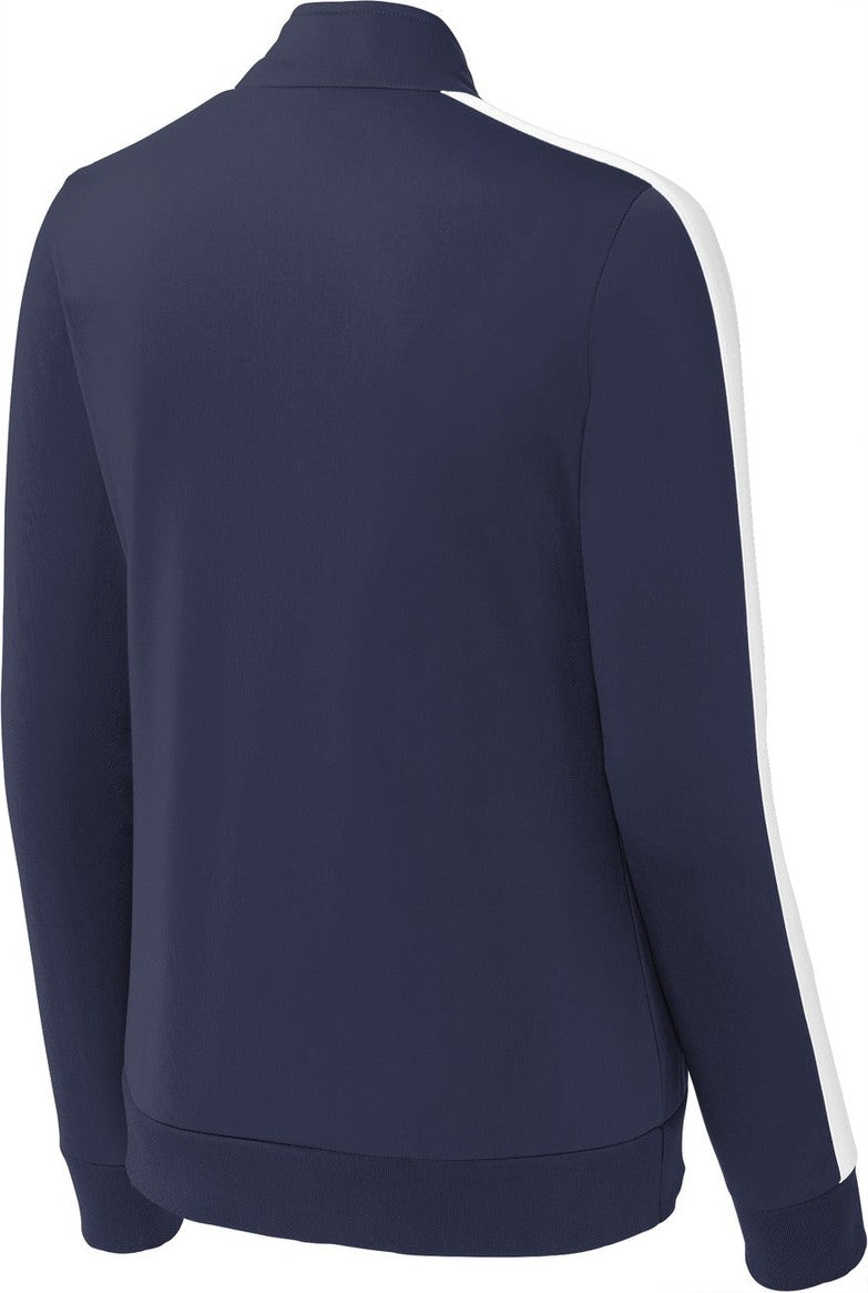 Rear View of True Navy/Wht Sport-Tek Ladies Tricot Sleeve Stripe Track Jacket. LST94