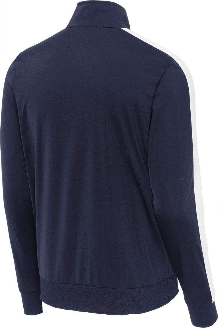 Front View of True Navy/Wht Sport-Tek Tricot Sleeve Stripe Track Jacket. JST94