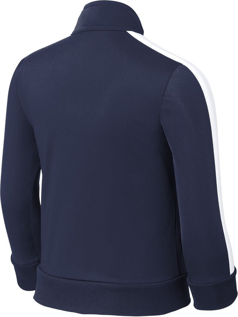 Rear View of True Navy/Wht Sport-Tek Youth Tricot Sleeve Stripe Track Jacket. YST94