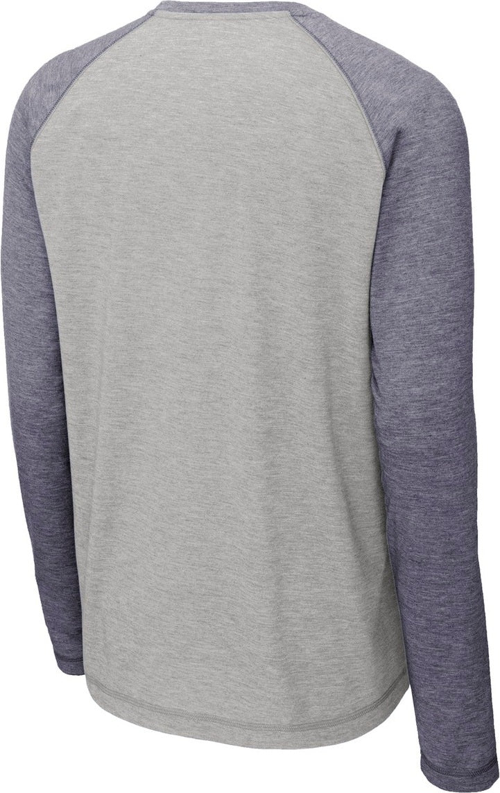 Rear View of True Nvy H/LGH Sport-Tek PosiCharge Long Sleeve Tri-Blend Wicking Raglan Tee ST400LS