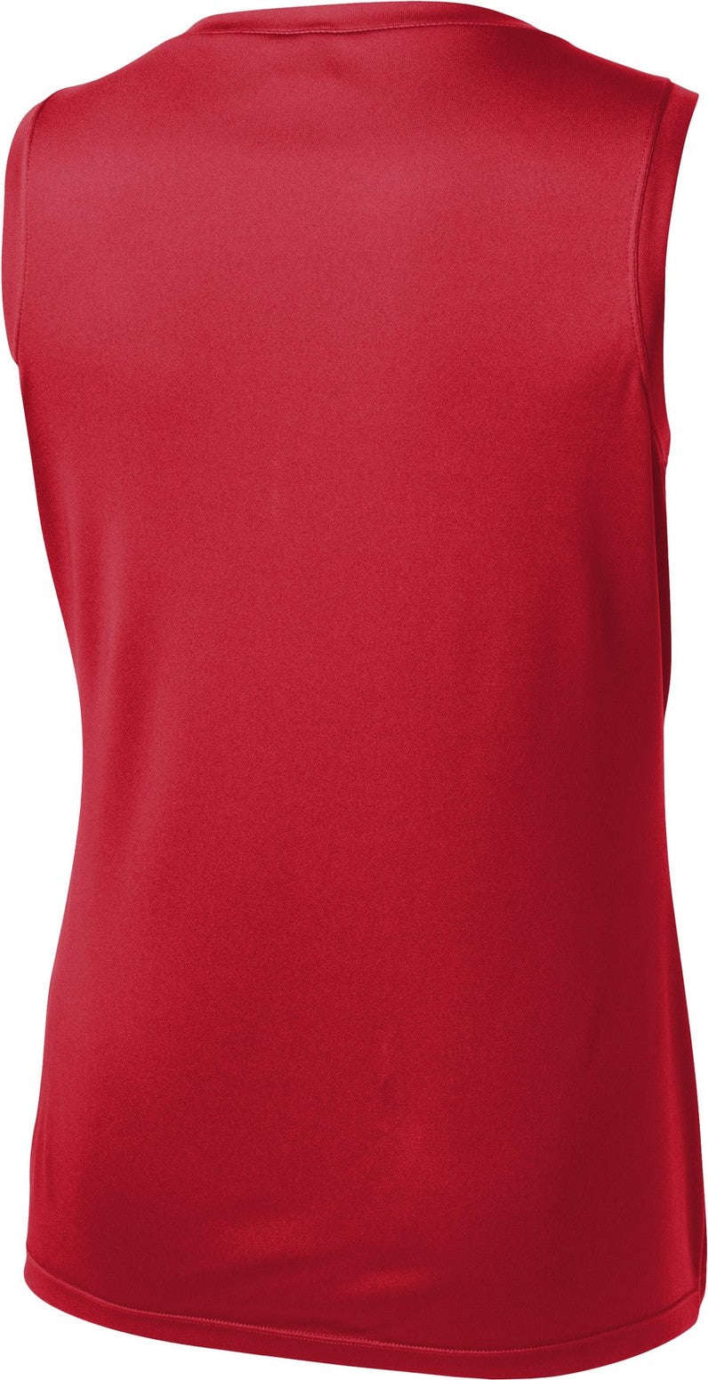 Rear View of True Red Sport-Tek Women's Sleeveless PosiCharge Competitor V-Neck Tee. LST352