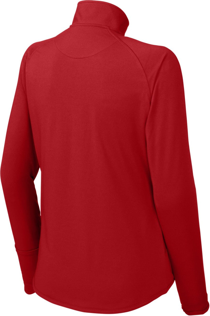 Front View of True Red Sport-Tek Women's Sport-Wick Stretch 1/4-Zip Pullover. LST850