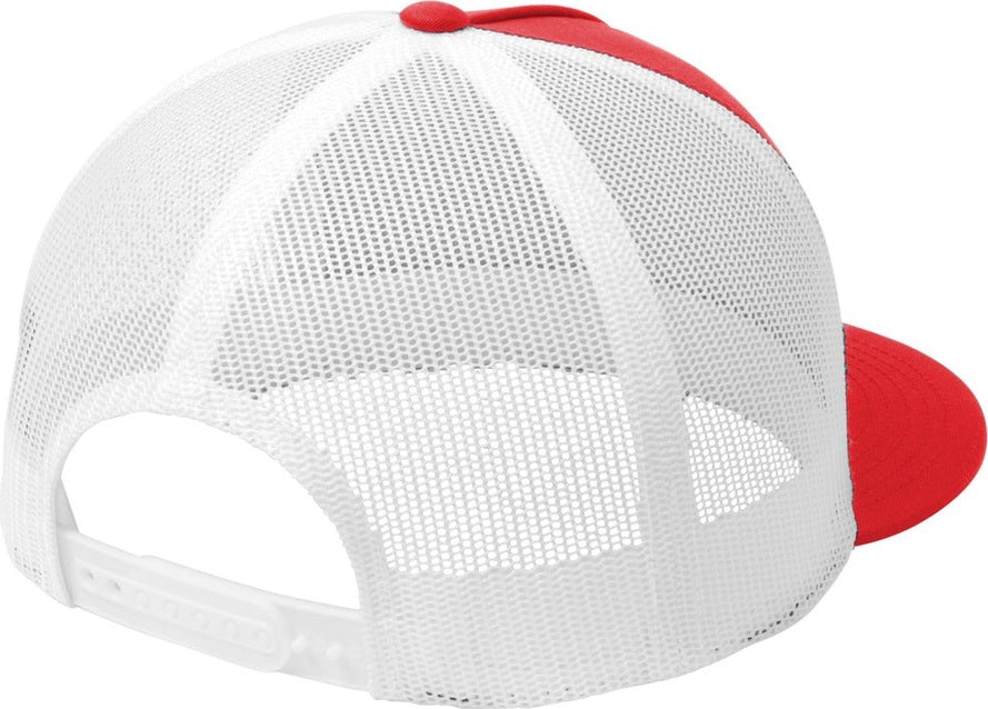 Rear View of True Red/White Sport-Tek YP Classics 5-Panel Classic Trucker Mesh Back Cap. STC38