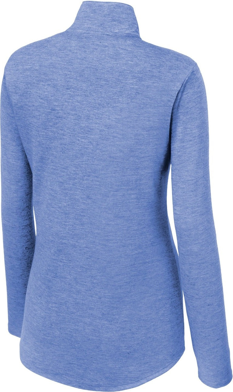 Front View of True Royal Hth Sport-Tek Women's PosiCharge Tri-Blend Wicking 1/4-Zip Pullover. LST407