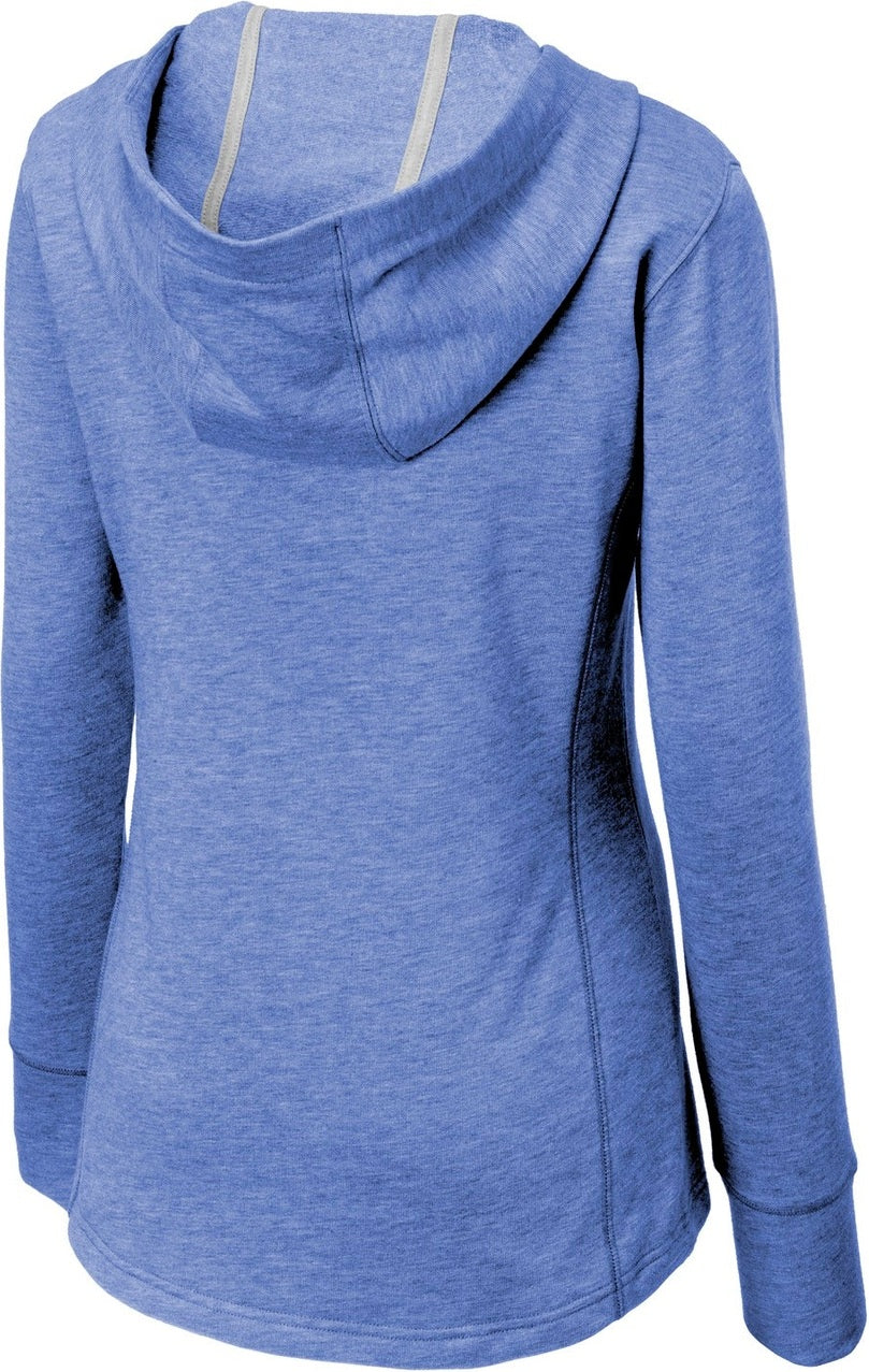 Front View of True Royal Hth Sport-Tek Women's PosiCharge Tri-Blend Wicking Fleece Hooded Pullover. LST296