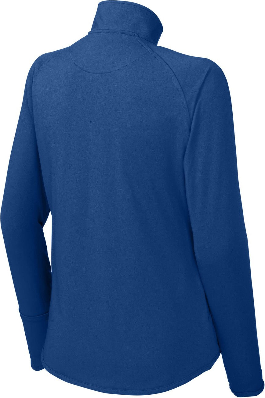 Rear View of True Royal Sport-Tek Women's Sport-Wick Stretch 1/4-Zip Pullover. LST850