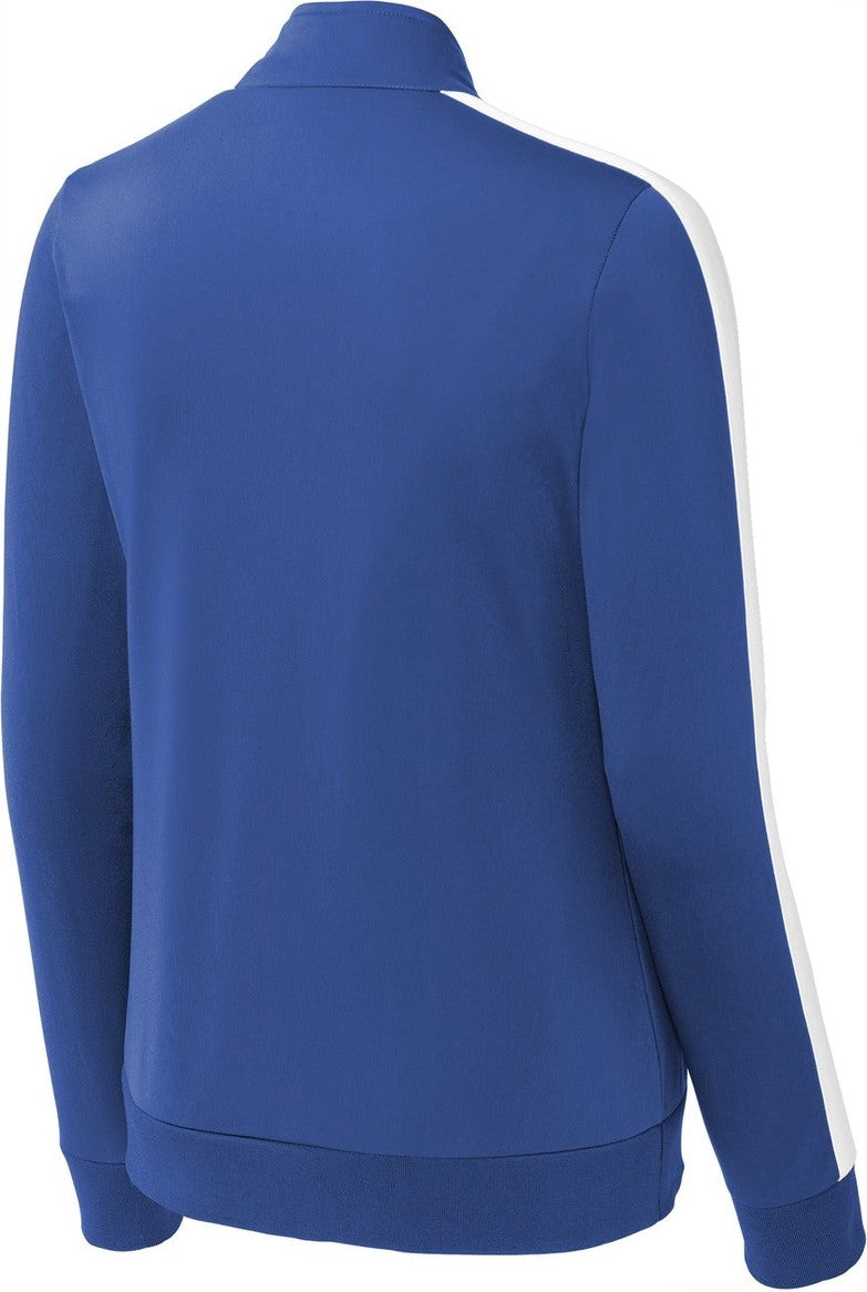 Front View of True Royal/Wht Sport-Tek Ladies Tricot Sleeve Stripe Track Jacket. LST94