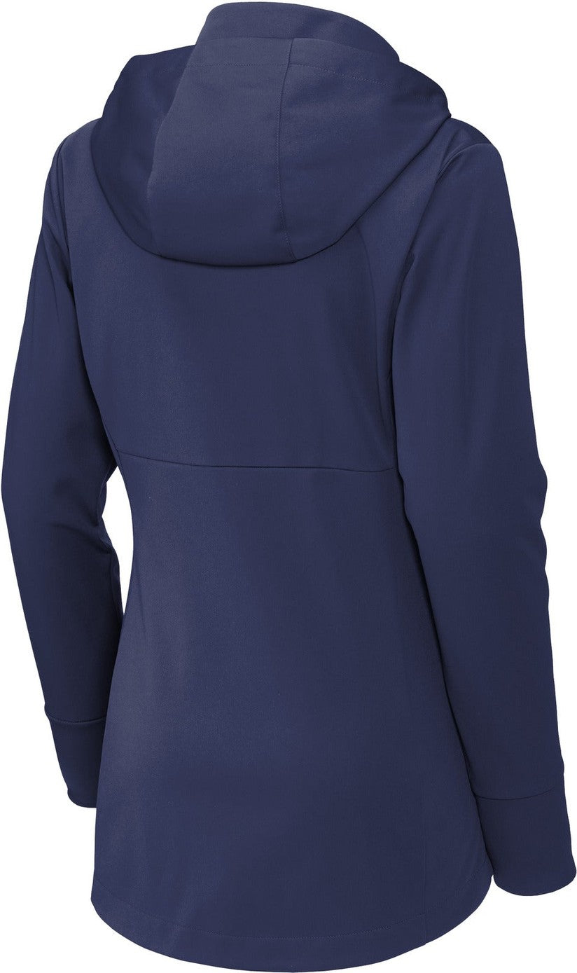 Front View of TrueNavy Sport-Tek Women's Hooded Soft Shell Jacket LST980