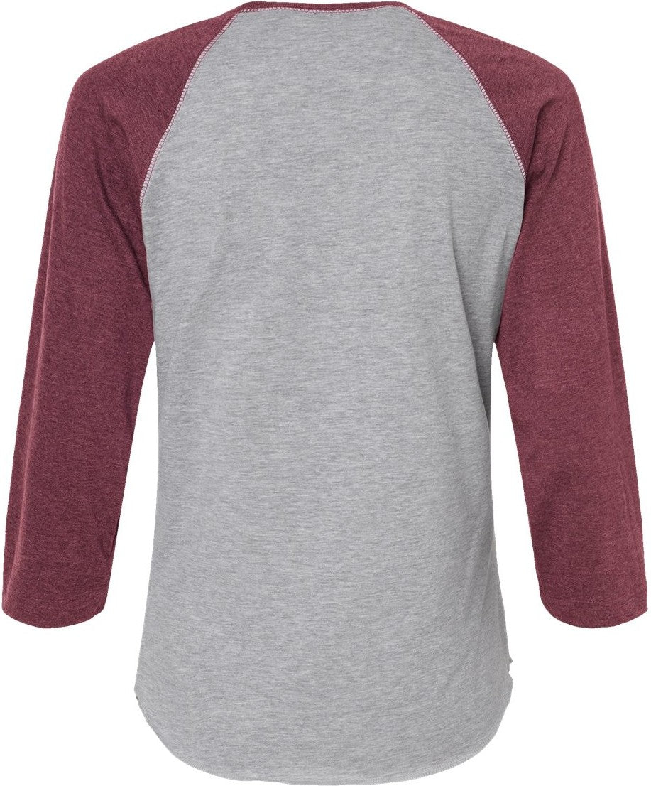 Front View of Vintage Heather/ Vintage Burgundy Women's Baseball Fine Jersey Three-Quarter Sleeve Tee - 3530