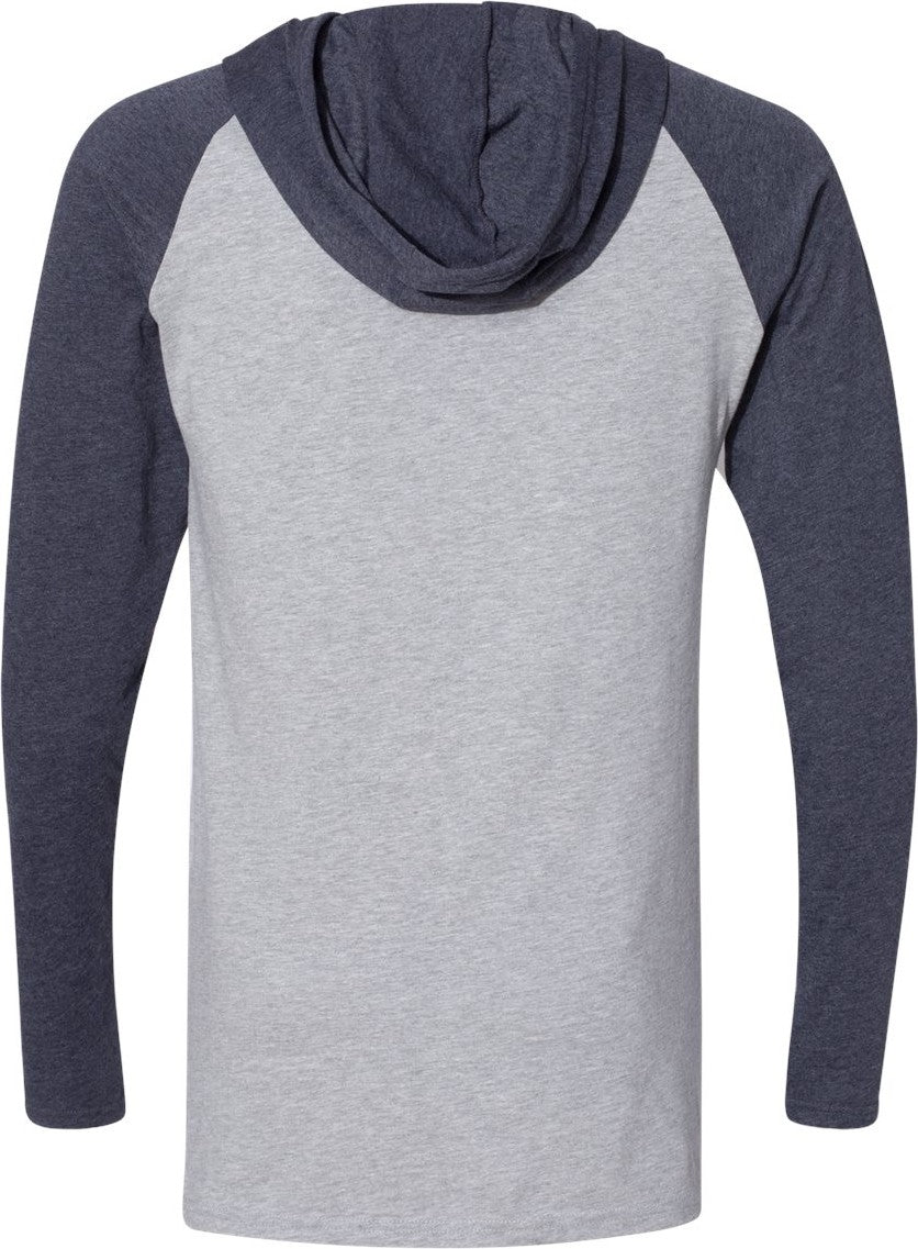 Front View of Vintage Heather/ Vintage Navy/ White Fine Jersey Hooded Long Sleeve Raglan T-Shirt - 6917