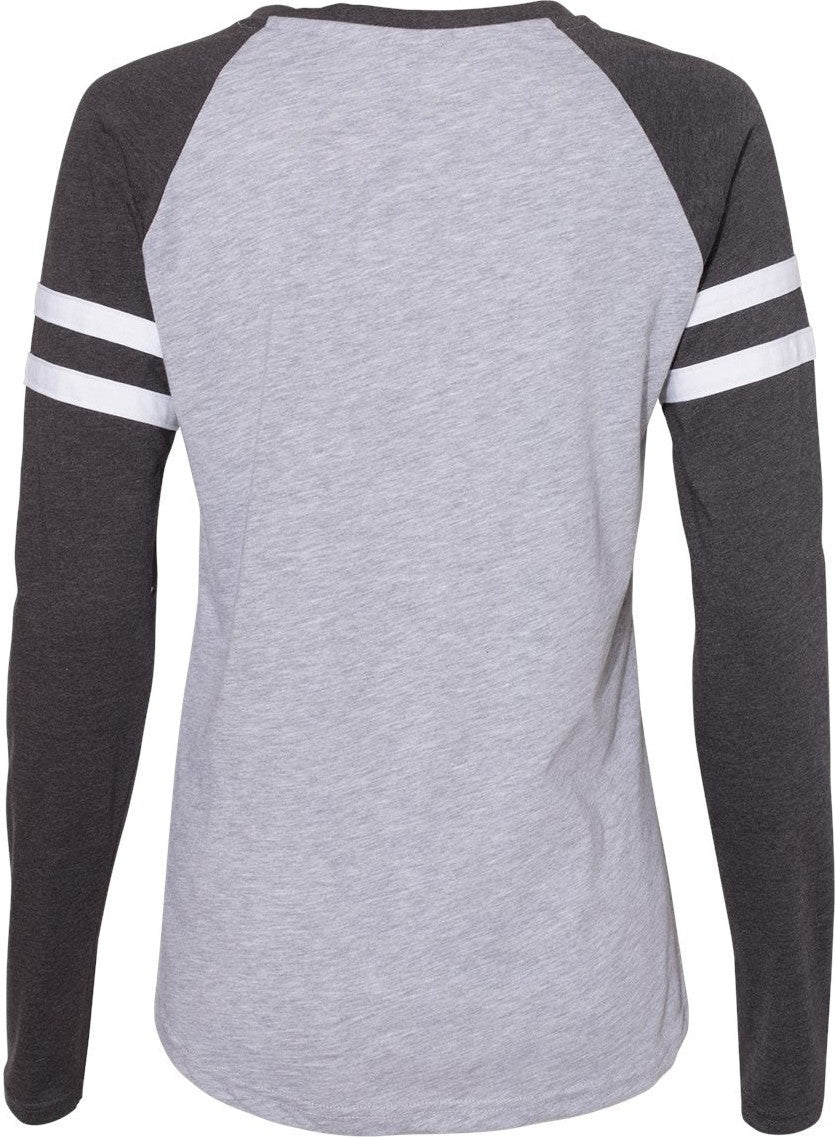 Front View of Vintage Heather/ Vintage Navy Women's Fine Jersey Mash Up Long Sleeve T-Shirt - 3534