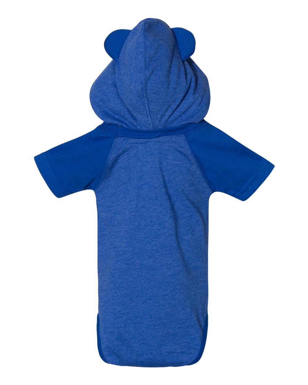 Front View of Vintage Royal/ Royal Fine Jersey Infant Short Sleeve Raglan Bodysuit with Hood & Ears - 4417