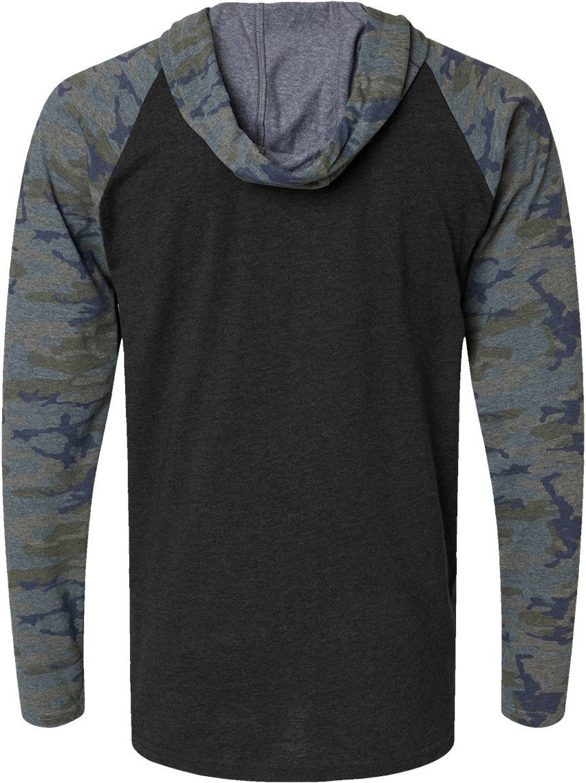 Rear View of Vintage Smoke/ Vintage Camo/ Black Fine Jersey Hooded Long Sleeve Raglan T-Shirt - 6917