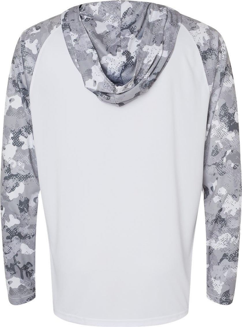 Rear View of White/ Aluminum Camo Tortuga Extreme Performance Hooded T-Shirt - 240