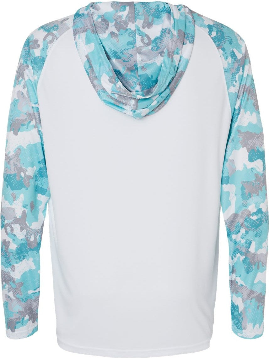 Rear View of White/ Aqua Camo Tortuga Extreme Performance Hooded T-Shirt - 240