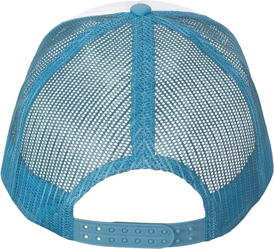 Front View of White/ Baby Blue Foam Mesh-Back Trucker Cap - VC700