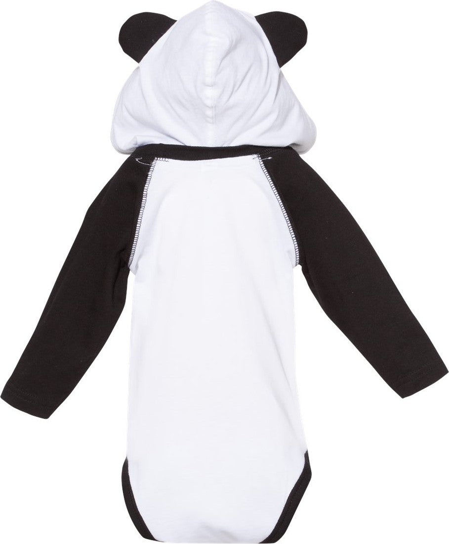 Rear View of White/ Black Fine Jersey Infant Character Hooded Long Sleeve Bodysuit with Ears - 4418