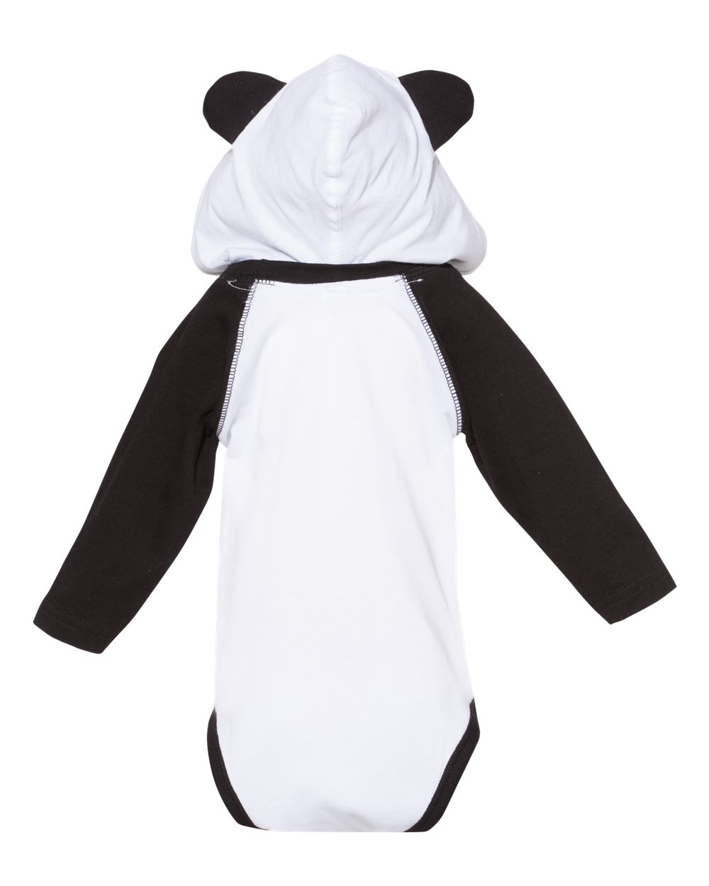 Rear View of White/ Black Fine Jersey Infant Character Hooded Long Sleeve Bodysuit with Ears - 4418
