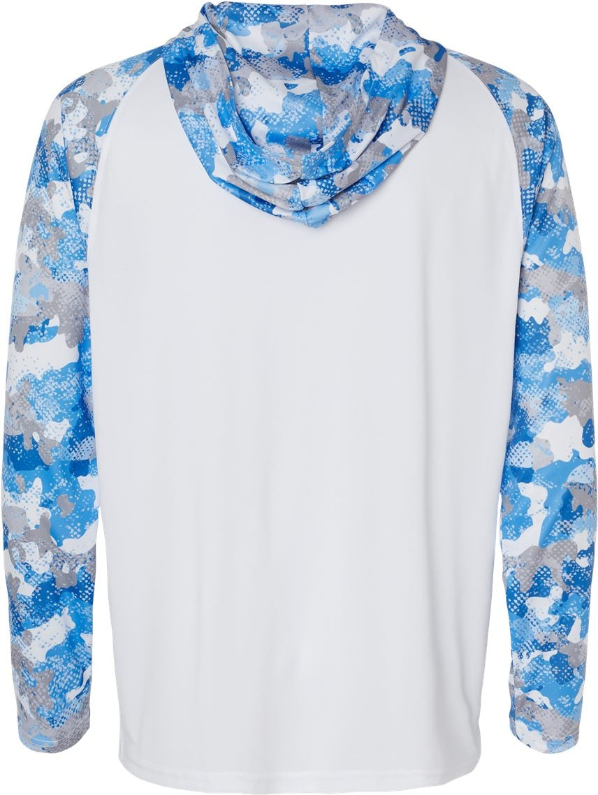 Rear View of White/ Blue Mist Camo Tortuga Extreme Performance Hooded T-Shirt - 240