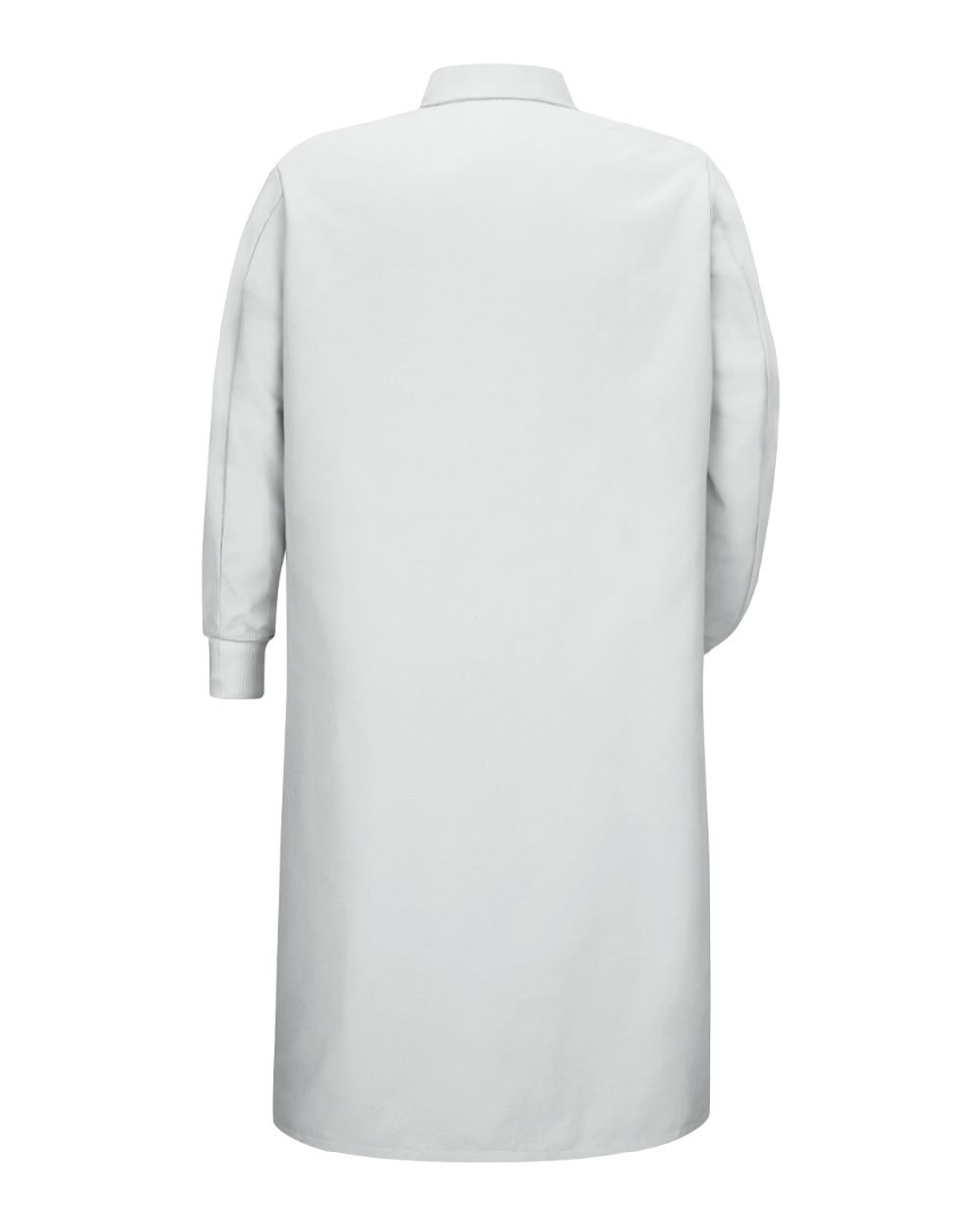 Rear View of White Gripper-Front Pocketless Butcher Coat With Knit Cuffs - KS60